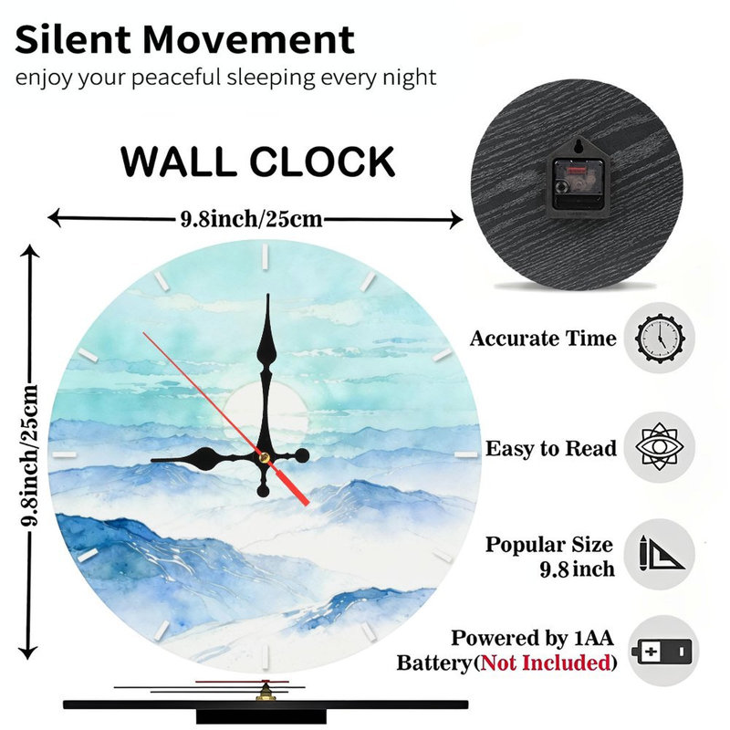 Horloge murale ronde en bois 10 po, mouvement à quartz silencieux, imprimé UV, à piles, Glacier Morning Light