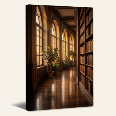 Sunlit Library Hallway with Wooden Bookshelves Canvas Wall Art