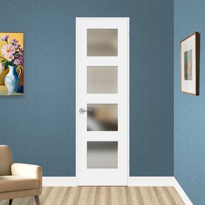 Pre-drilled 80" Height 4-lite Frosted Tempered Glass And Solid Manufactured Wood White Primed Slab Door