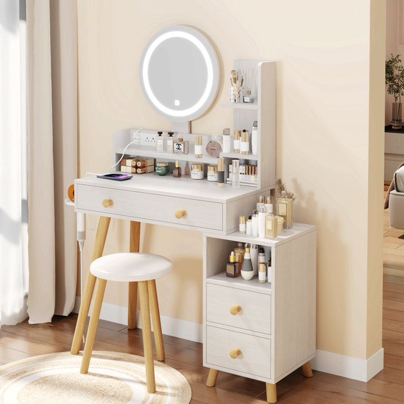 Round Mirror Bedside Vanity Table Set With Cushioned Stool, 2 AC + 2 USB Ports, 17" Touch-Control LED Mirror, 3-Color Lighting, Adjustable Brightness, Large Desktop, Multi-Layer Storage