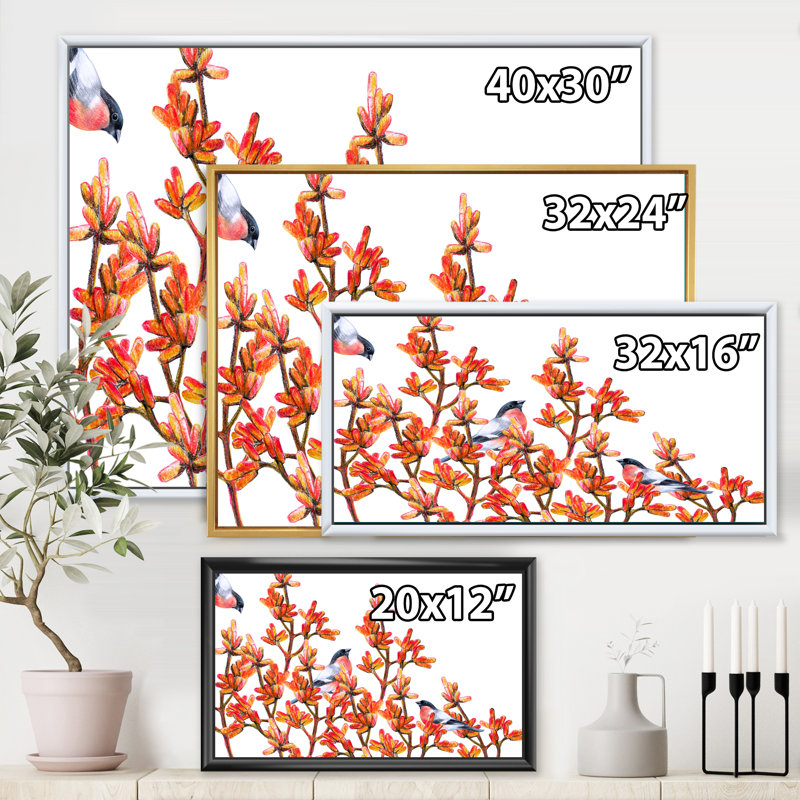 Volée de bouvreuils sur branches orange - Peinture sur toile, H 16 po x l 32 po x p 1 po, Toile blanche encadrée