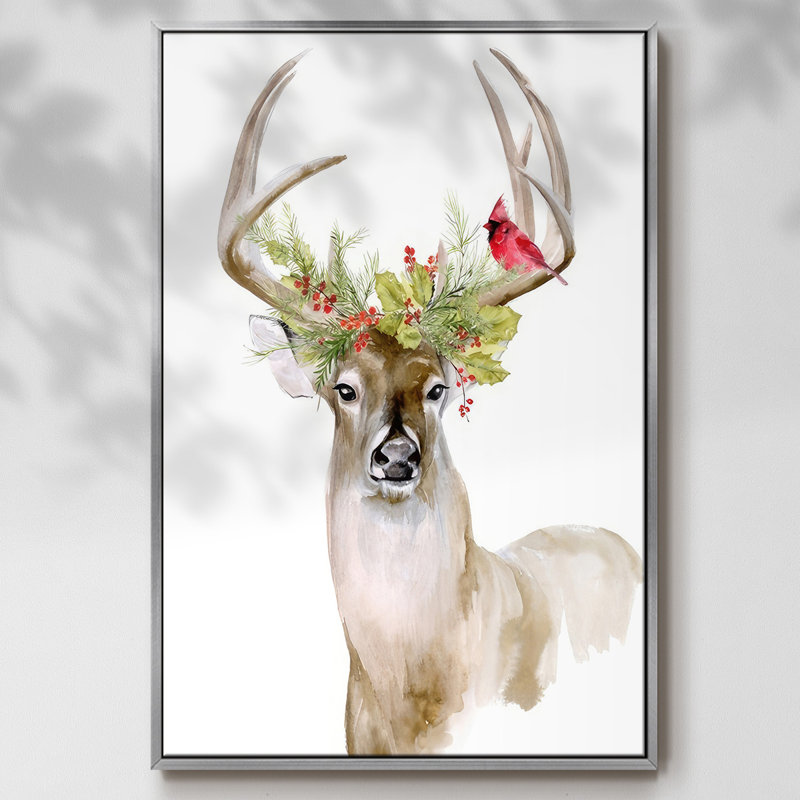 «Holiday Deer I», reproduction d'art sur toile, Encadrement argenté, H 37 po x l 25 po x P 1,5 po