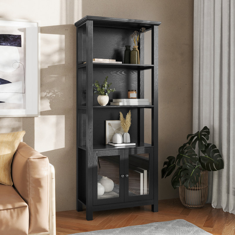 Modern Farmhouse Wooden Bookcase and Storage Cabinet with Tempered Glass Doors and 3 Upper Shelves, Black