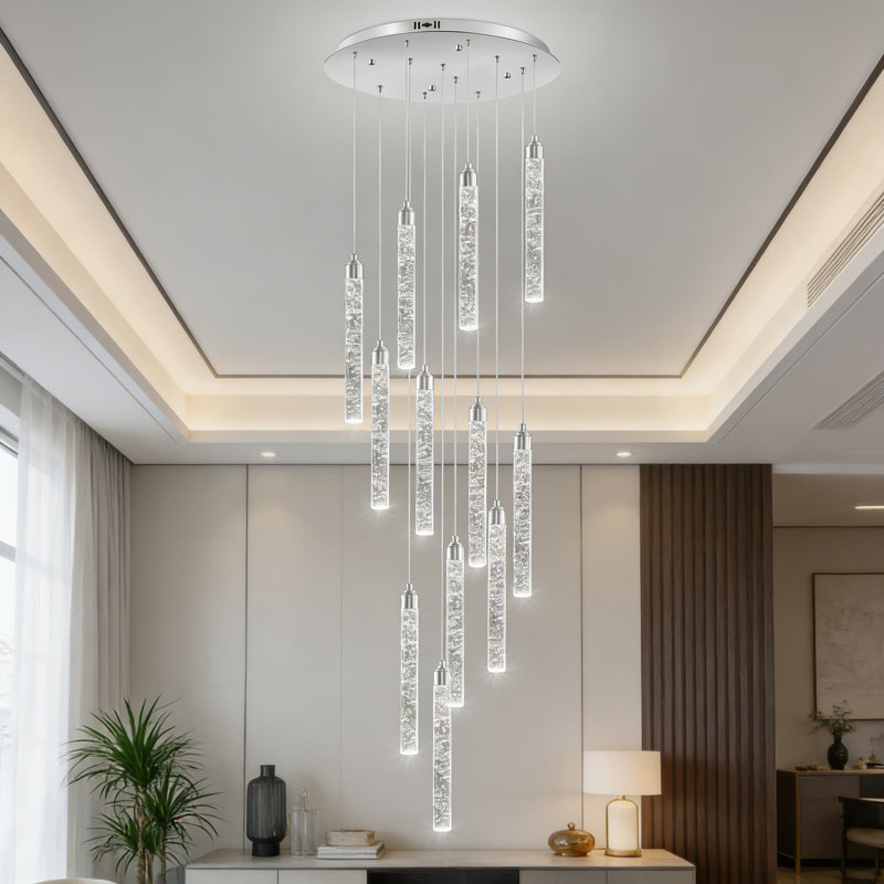 Lustre en spirale moderne avec design en forme de goutte de cristal, éclairage à DEL à intensité variable pour plafonds hauts, luminaire d'escalier à hauteur réglable avec télécommande