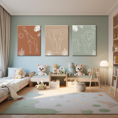 Nursery Wall Art Safari Animal Canvas Prints Boy Baby Room Decor Poster Toddler Room Decoration Minimalist Boho Jungle Painting Pictures Set Of 3 For Kids Bedroom Bathroom 16X24in Framed