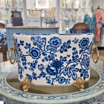 Porcelain Oval Planter With Bronze Ormolu Blue And White Flower