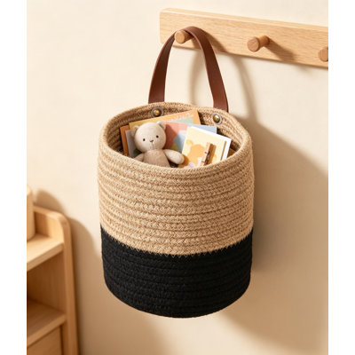 Panier de rangement mural, support à plantes tissé pour l'organisation, petit panier décoratif pour serviettes, jouets et fleurs, organisateur de rangement suspendu pour décoration murale et organisation à domicile, jute et noir