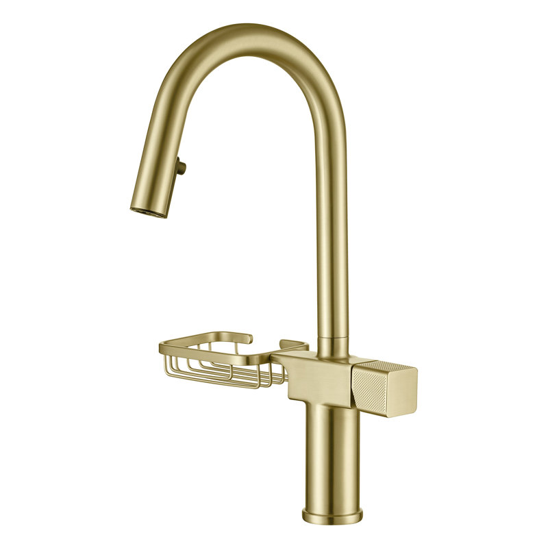 Topcraft Single-Hole Single-Handle Pull-Down Kitchen Faucet With Storage Basket, Brushed Gold