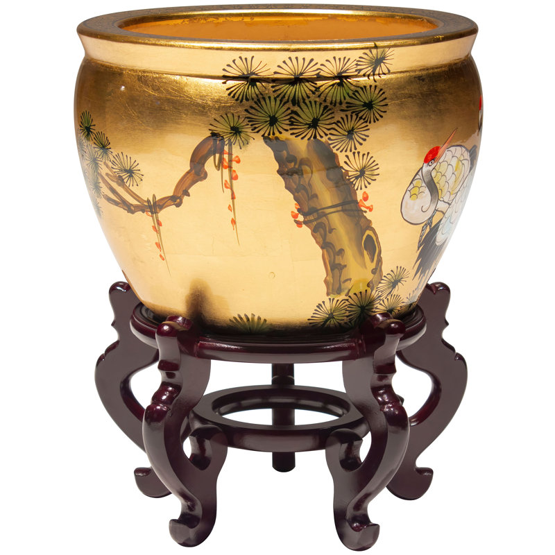 16" Gold Lacquer Fishbowl - Cranes, 9" H x 12" W x 12" D