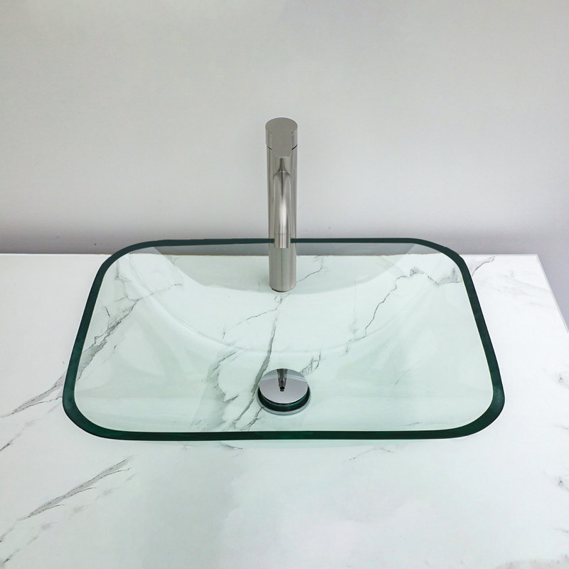 20.2" x 14.4" Glass Rectangular Vessel Bathroom Sink with Pop-Up Drain