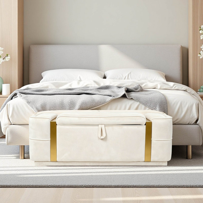 Banc de rangement en velours 47,2 po avec bandes décoratives en métal doré, Beige
