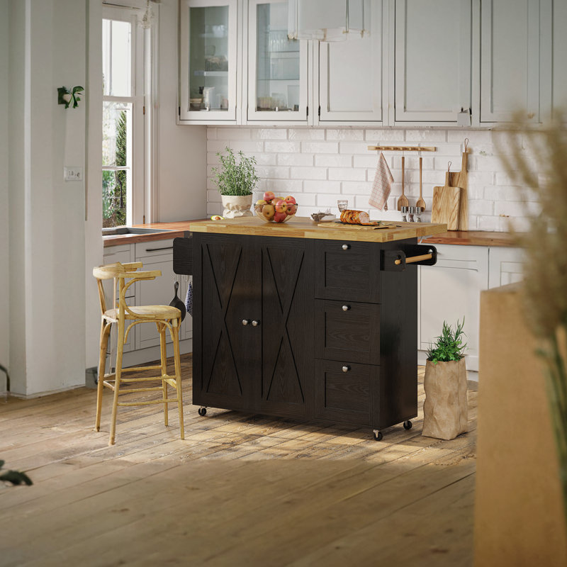 Nacimo Rolling Kitchen Island Cart With Rubberwood Drop-Leaf Countertop, Black