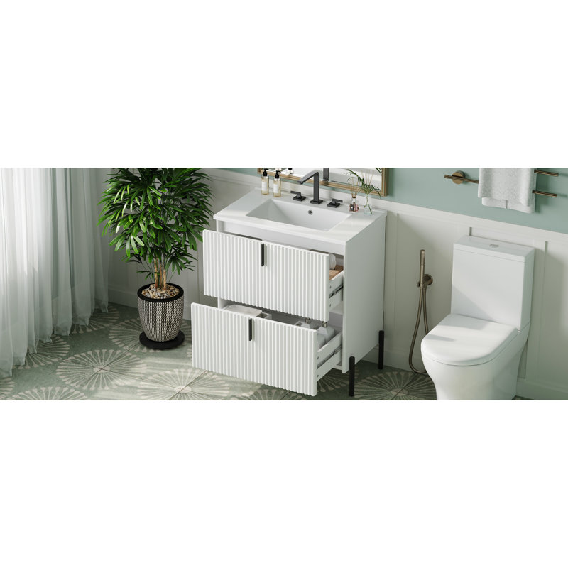 Meuble-lavabo blanc de 30 po avec lavabo en céramique, système de tiroir à fermeture en douceur, aspect cannelé et configuration de rangement optimale