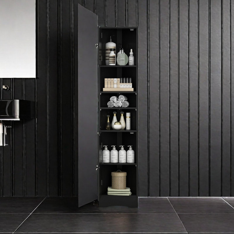 Armoire de rangement haute multifonctionnelle avec deux portes et tablettes réglables, tablette ouverte, Noir