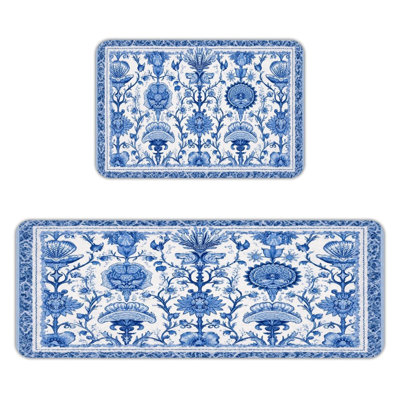 Blue Floral Damask, Kitchen Mats Set of 2