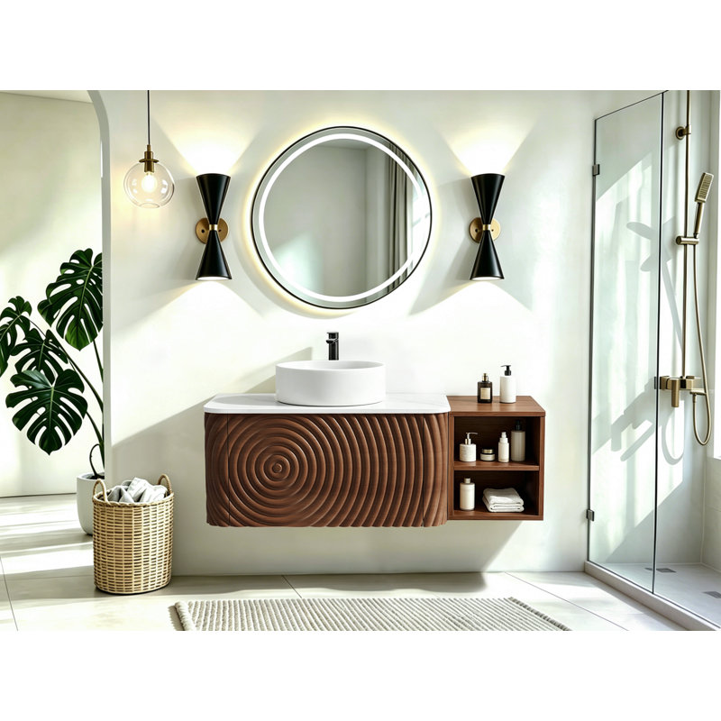 Ensemble de meuble-lavabo mural, lavabo de salle de bain flottant avec lavabo rond en céramique et armoire latérale, ensemble de meuble-lavabo texturé à ondulation d'eau pour les petits espaces, peu encombrant