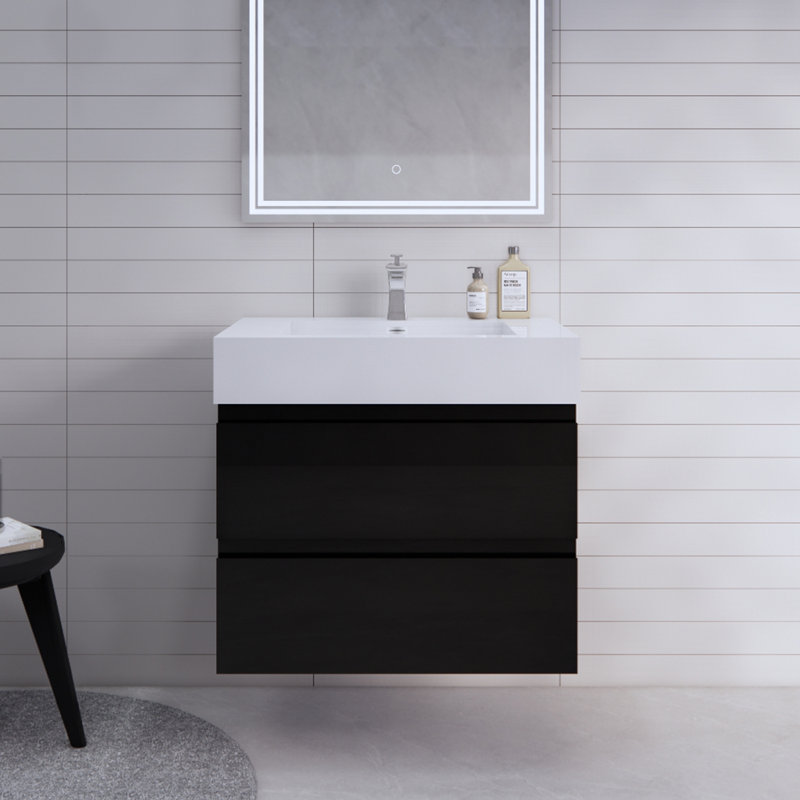 Ensemble de meuble-lavabo mural simple 30 po Babajide, Noir lustré