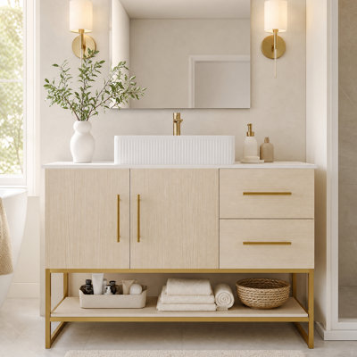 47" Modern Bathroom Single Vanity With Ceramic Vessel Sink, All-In-One Set With Storage Drawers & Gold Handles