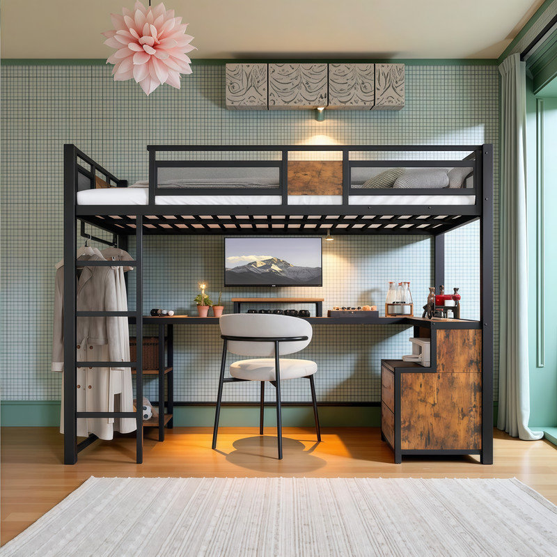 Lit mezzanine simple TG avec bureau intégré et rangement - Solution d'étude peu encombrante, Simple très long
