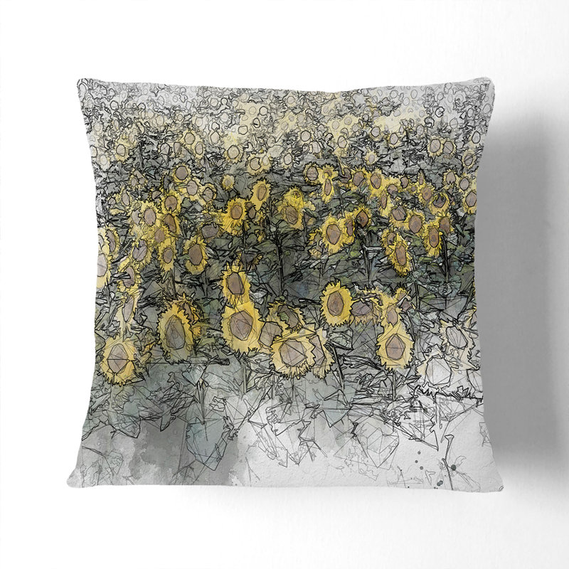Field of Yellow Sunflowers in Abstract Cushion with Filling, 40cm H x 40cm W x 15cm D, White
