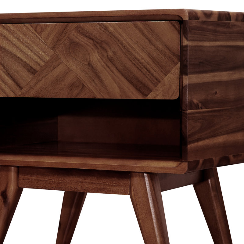 Solid Acacia Wood Nightstand, Bedside Table with Drawer & Open Shelf, Mid-Century Art Deco Accent Piece, Scratch & Water-Resistant