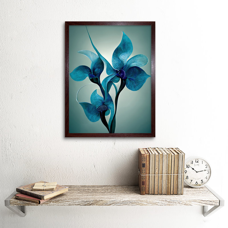 Elegant Teal Blue Orchid Flowers - Print, Brown Framed Paper, 43cm H x 33cm W