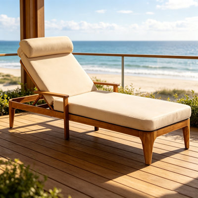 Chaise longue d'extérieur en bois d'acacia, fauteuil inclinable pour terrasse avec dossier réglable 4 positions et appui-tête, coussin résistant à l'eau, idéal au bord de la piscine, dans le jardin ou la cour arrière, couleur brun café
