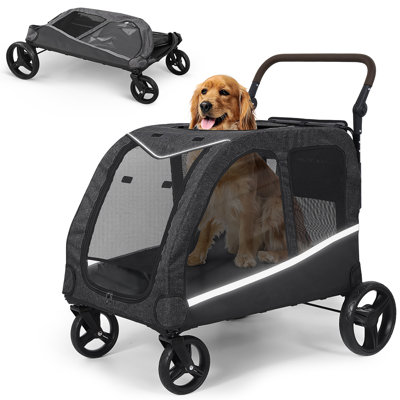 Poussette pour grands chiens, très grande poussette pour animaux de taille moyenne, chariot pour chien, chariot pliable, poignée réglable, bleu