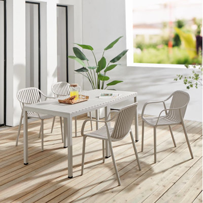 6-Piece Outdoor Patio Dining Set – Rectangular Table (Two Square Combined) With 4 Stackable Armchairs, Weather-Resistant Garden Or Balcony Furniture For Deck, Cafe, Or Backyard (Grey)