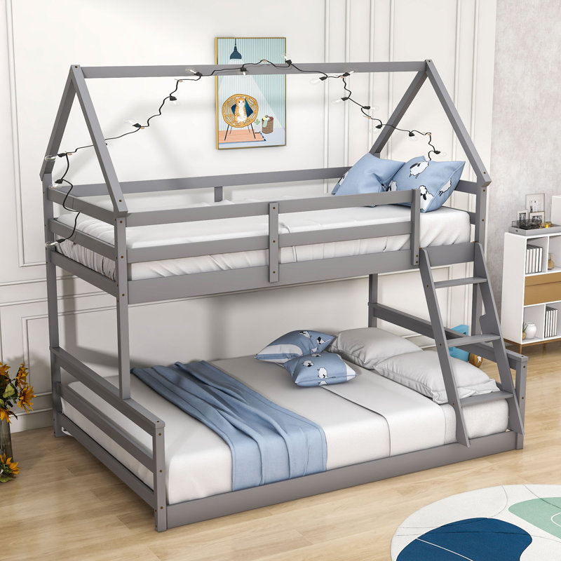 Godana Twin over Full House Bunk Bed with Built-in Ladder, Gray