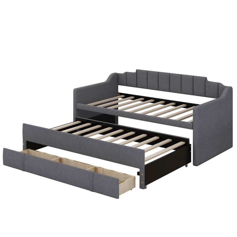 Karel Twin Size Upholstered Daybed with Trundle, Gray