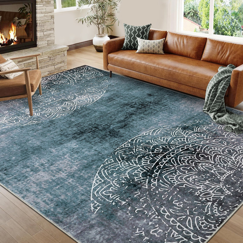 Large Living Room Rug 10x13 Washable Rug Modern Abstract Rug Bedroom Rug with Non Slip Backing, Grey/Green Ombre Rug, Soft Thin Low Pile Rug, Indoor Foldable Printed Rug