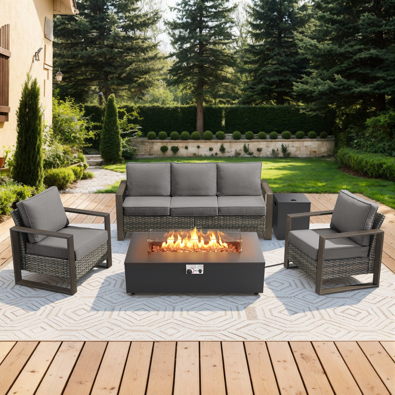 Drazen 5 - Person Patio Furniture Set With Fire Pit Table, All-Weather Wicker Outdoor Conversation Set With Chair And Thick Cushions