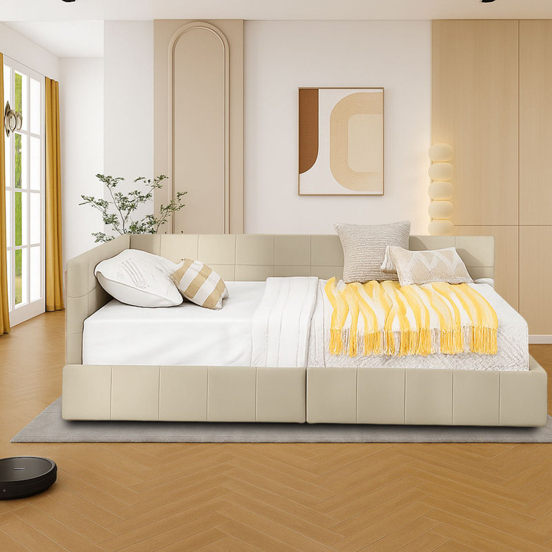 Modern Upholstered Full Daybed with Drawers and Backrest for Bedroom or Guest Room, Beige