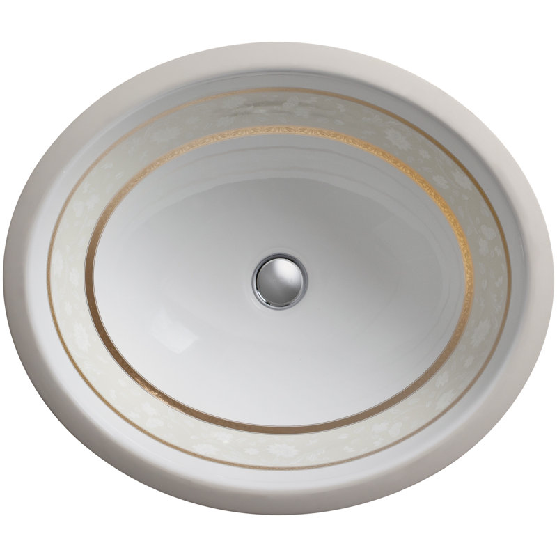 Ceramic Oval Undermount Bathroom Sink, White, Gold