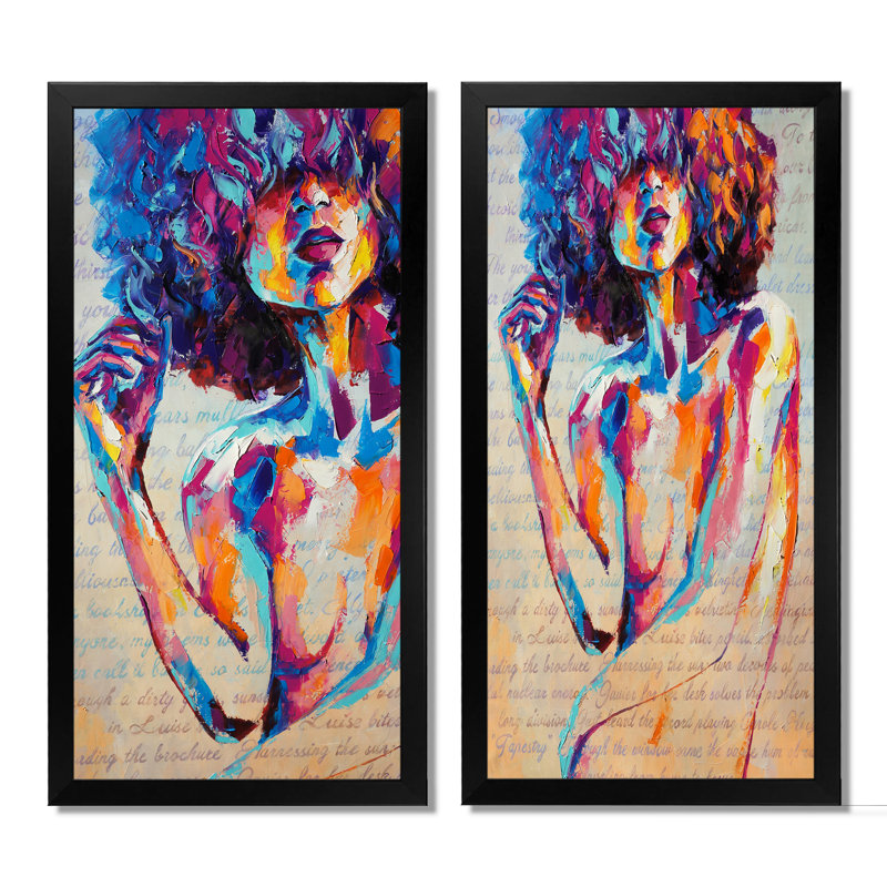 «Colorful Paint Stroke Woman Portrait III», ensemble de 2 peintures sur toiles, H 20 po x l 24 po x P 1 po, Cadre photo noir