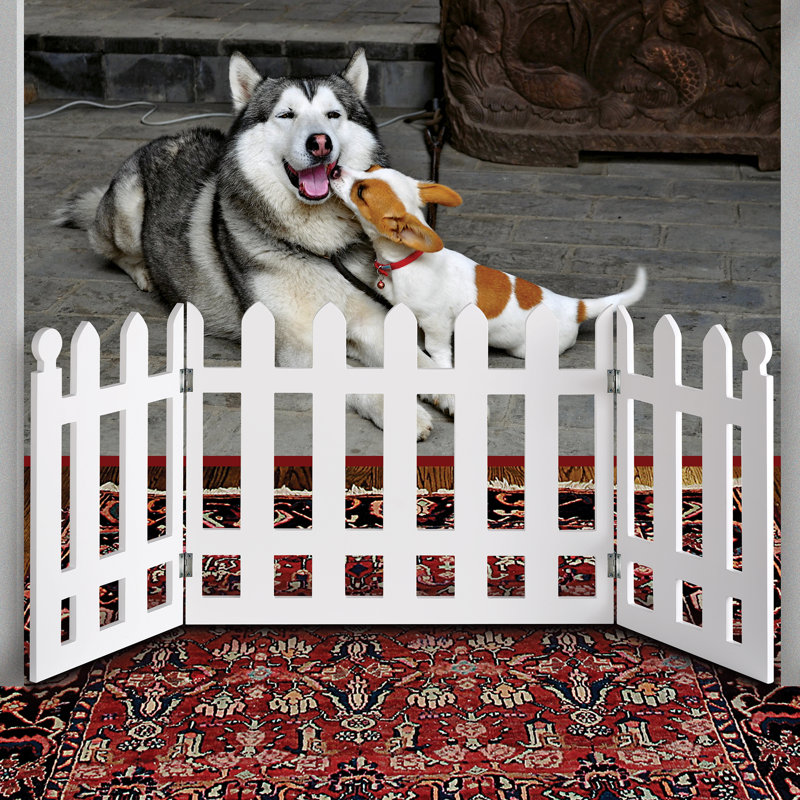  Folding White Picket Fence Free Standing Pet Gate. 19" H x 42" W. Elegant 3 Panel Folding Wood Gate