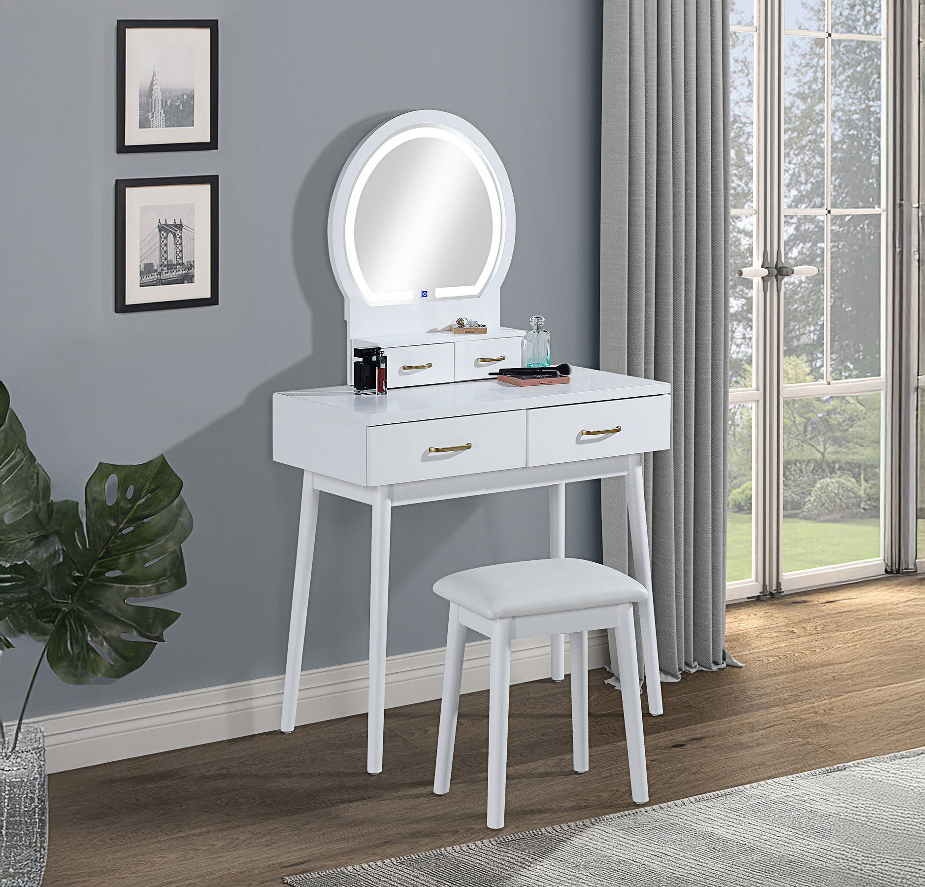 Corrigan Studio 3Pc Vanity Table And Stool Set With LED-Lit Mirror