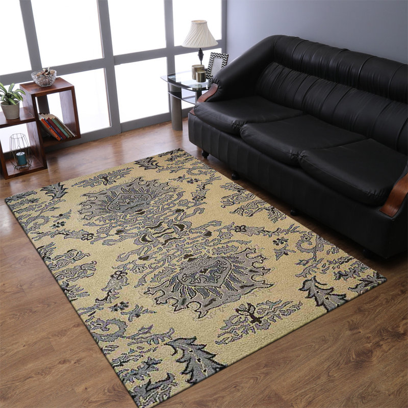 Tapis écologiques en laine touffetée à la main Shalon - Rectangle, couleur bleu beige, design oriental, tapis antidérapants faits à la main épais pour salon, chambre à coucher
