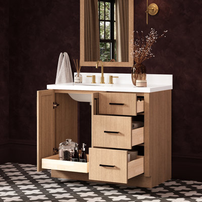 43 Inch Left Offset Single Oval Sink Bathroom Vanity with Pure White Quartz Countertop 1.5 Inch in Natural Oak