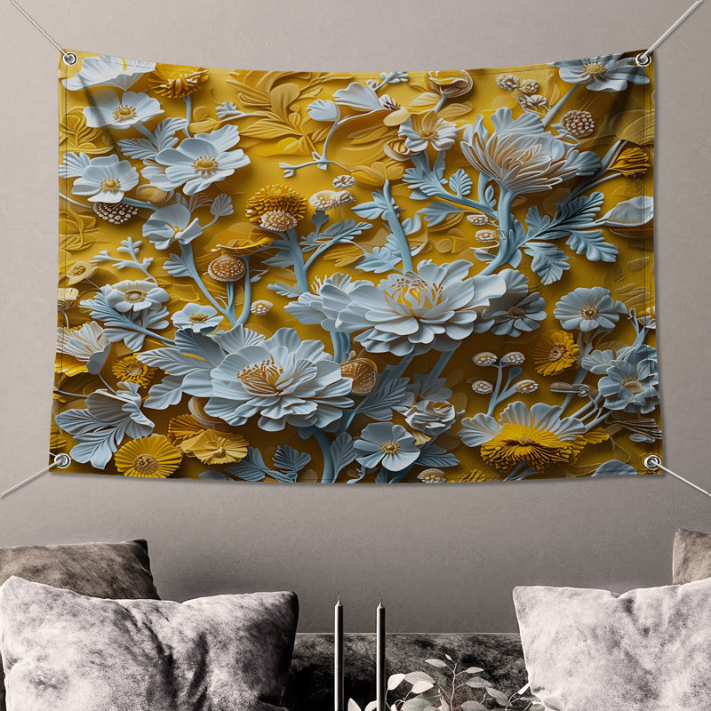 Tapisserie murale fleurs jaunes et bleues - décoration murale florale, H 68 po x l 80 po avec 4 œillets