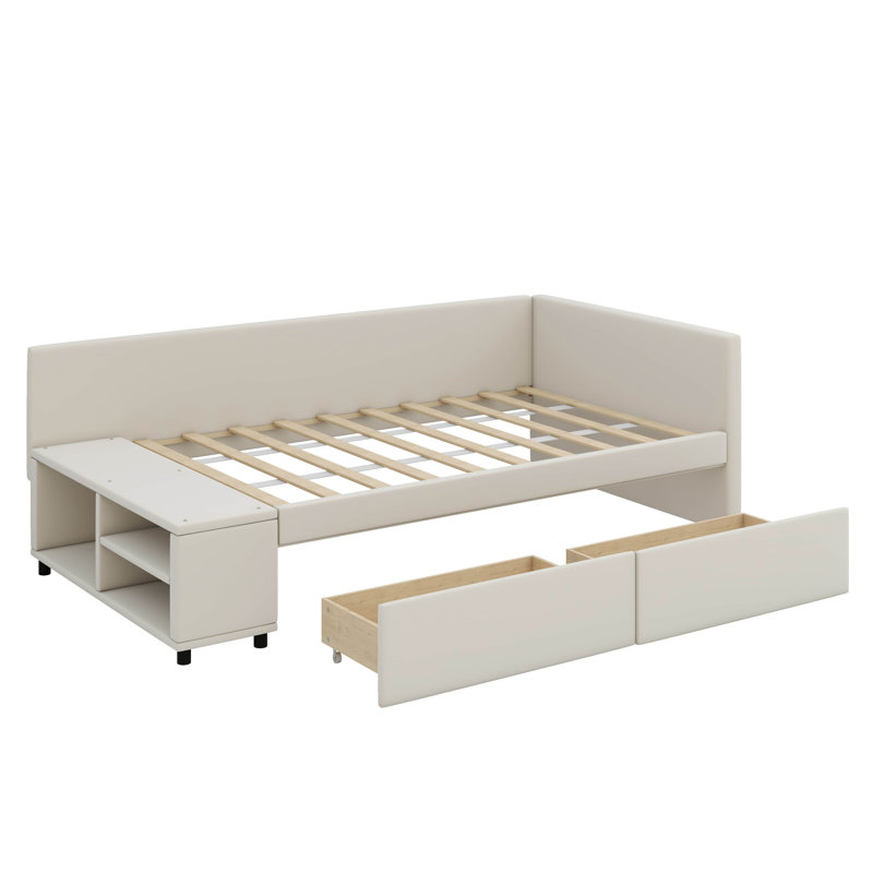 Lit plateforme simple en L tapissier avec tiroirs intégrés, Beige