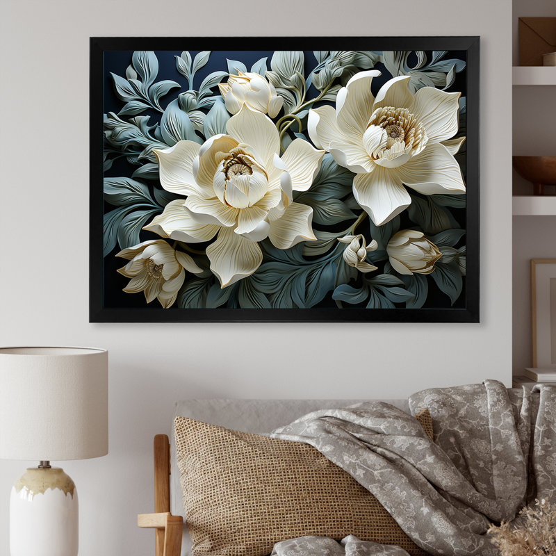 Tulipes blanches et bleues modernes sur toile, Cadre simple noir, H 34 po x l 44 po x P 1,5 po