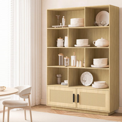 5 Tier Bookshelf with Rattan Doors, Wooden Bookcase and Bookshelf with Storage