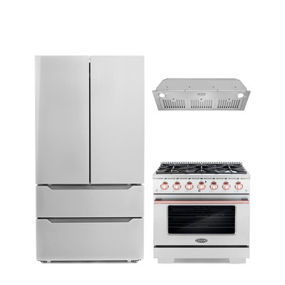 Cosmo 3 Piece Kitchen Appliance Package with French Door Refrigerator , 36'' Gas Freestanding Range , and Insert Range Hood -  COS-4PKG-1128