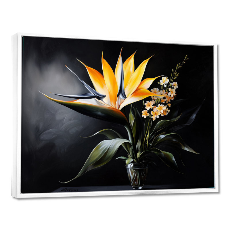 Fleurs tropicales, oiseaux du paradis II, impression d'art mural, H 34 po x l 44 po, Cadre flottant sans passe-partout, Blanc