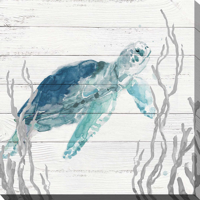 «Aqua Turtle I» par Carol Robinson - Peinture, L 18 po x H 18 po, Toile tendue