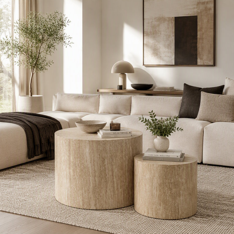 Ensemble de 2 tables basses gigognes rondes avec pattes antidérapantes et sans assemblage