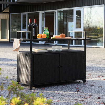 Chariot-bar noir avec plateau en verre, roues de service de boissons pour le divertissement extérieur et intérieur Rangement polyvalent pour boissons - Noir, table et patio