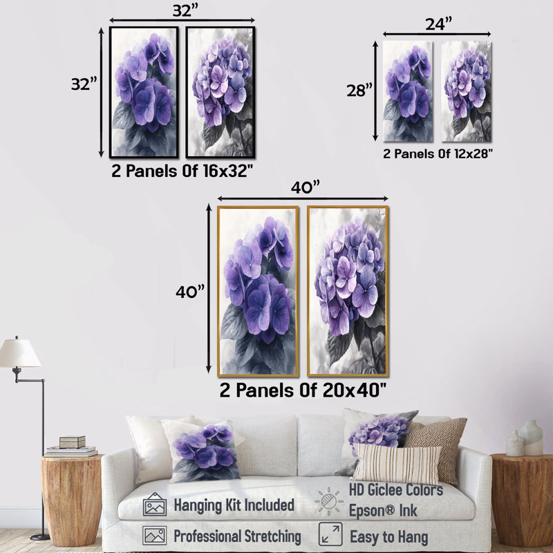 Hydrangée mauve mauve I - Collection d'art mural floral 2 panneaux, H 28 po x l 25 po, Toile tendue